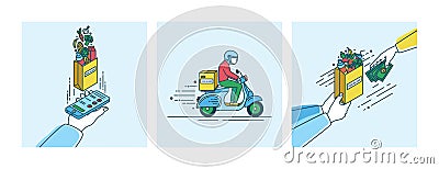 Food delivery concept. Lineart Illustration set in flat style. Vector Illustration