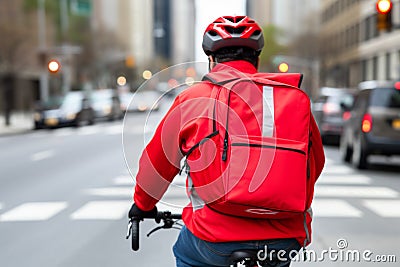 Food delivery courier person rushing bike bicycle cycling city streets red uniform order carrying bag backpack mail Stock Photo