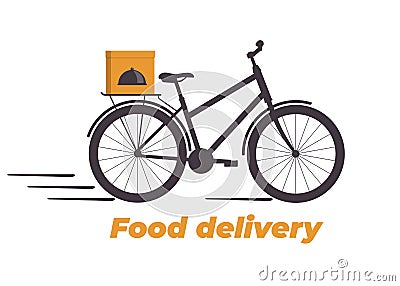Food delivery design. Bicycle with box on the trunk. Food delivery service logo. Fast delivery. Flat vector illustration. Cartoon Illustration
