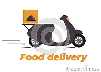 Food delivery design. Motorbike with box on the trunk. Food delivery service logo. Fast delivery. Flat vector illustration. Cartoon Illustration