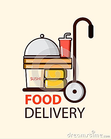 Food delivery in flat style with food boxes, pizza and sushi. Vector illustration design Cartoon Illustration