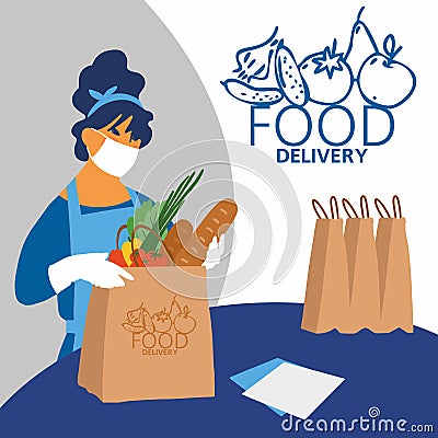 Food delivery. Delivery of goods for the prevention of coronovirus Covid-19. The girl is preparing food for shipment. Protective Cartoon Illustration