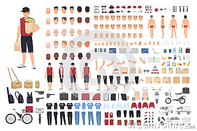 Food delivery guy animation kit or constructor. Set of male cartoon character`s body parts in different postures and Vector Illustration