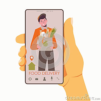 Food delivery home. Online food ordering at your address. Flat illustration isolated on a white background. Charity. Can use for t Cartoon Illustration