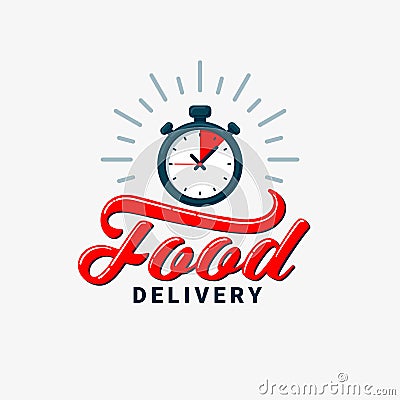 Food delivery icon. Timer and food delivery inscription on light background. Fast delivery, express and urgent shipping Vector Illustration