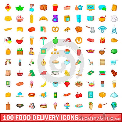 100 food delivery icons set, cartoon style Vector Illustration