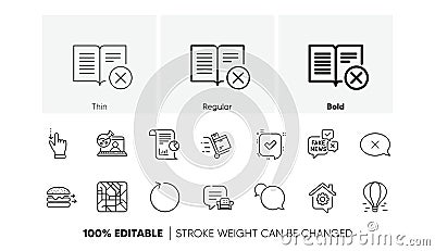 Food delivery, Inventory cart and Reject book line icons. For web app, printing. Line icons. Vector Vector Illustration