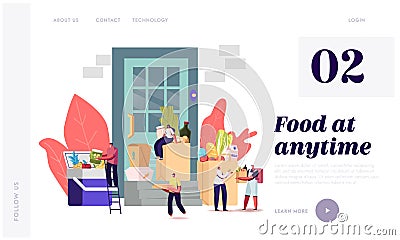 Food Delivery Landing Page Template. Couriers Characters Stand at Door with Paper Bags with Grocery Products, Shipping Vector Illustration