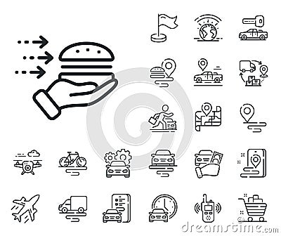 Food delivery line icon. Burger meal sign. Plane, supply chain and place location. Vector Vector Illustration