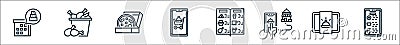 food delivery line icons. linear set. quality vector line set such as application, take away, place, menu, add cart, pizza, fried Vector Illustration