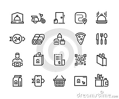 Food delivery line icons. Outline restaurant cafe and supermarket food order and delivery pictograms. Vector editable Vector Illustration