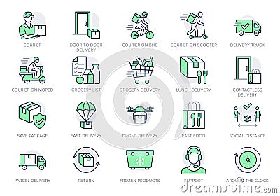 Food delivery line icons. Vector illustration included icon as coutier on bike, door contactless delivering, grocery Vector Illustration