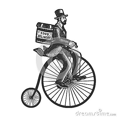 Food delivery man high wheel bicycle sketch vector Vector Illustration