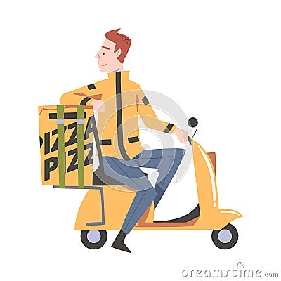 Food Delivery Man Riding Scooter, Pizza Delivery Service Cartoon Style Vector Illustratio Vector Illustration