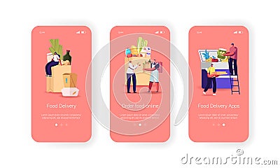 Food Delivery Mobile App Page Onboard Screen Template. Tiny Couriers Bring Bags with Grocery Products to Clients Vector Illustration