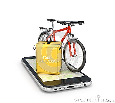 food delivery mobile app. thermo bag and bike on a mobile phone Cartoon Illustration