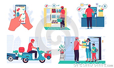 Food delivery. Products order service, mobile application. Courier buying goods in supermarket with shopping list Vector Illustration