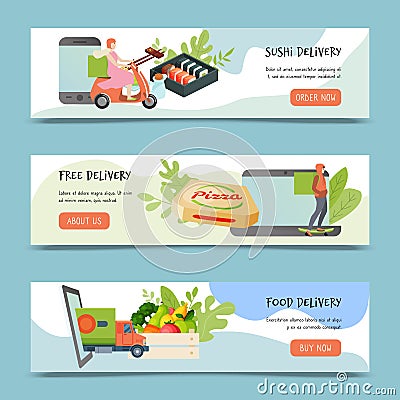Food delivery service banner vector illustration. Courier delivering pizza on skateboard. Woman delivers sushi on bike. Vector Illustration