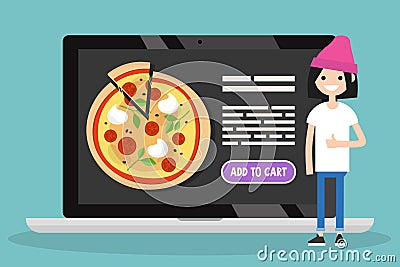 Food delivery service. Conceptual illustration. Young caucasian Cartoon Illustration