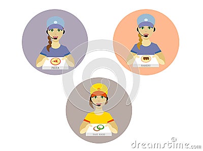 Food Delivery Service. Girl deliverer in a flat style. Vector Illustration