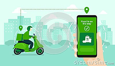 Food delivery service by scooter with courier. Hand holding mobile application tracking a delivery man on a moped. Vector Illustration