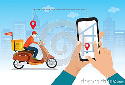 Food delivery service by scooter with courier. Hand holding mobile application tracking a delivery man on a moped. city skyline in Cartoon Illustration