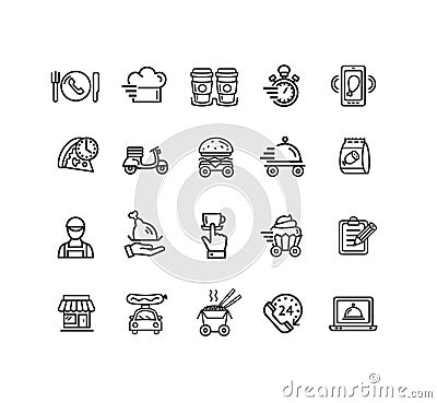 Food Delivery Service Sign Black Thin Line Icon Set. Vector Vector Illustration