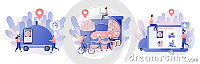 Food delivery service. Tiny people order food online. Chefs and courier prepare food to order. Pizza, burger, french Vector Illustration