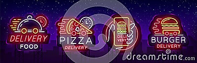 Food delivery set neon signs. Logotype collection neon, light banner, bright night advertising for delivery food for Vector Illustration