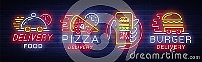 Food delivery set neon signs. Logotype collection in neon style, light banner, bright night advertising for delivery Vector Illustration