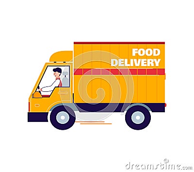 Food delivery truck with cartoon driver - yellow transportation van Vector Illustration