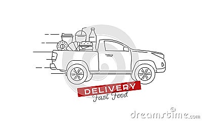 Food delivery truck full of food on the pick up truck body moving with fast speed to the customer. Line vector illustration with Cartoon Illustration