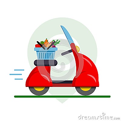 Food delivery of vegetables on a red moped, motorcycle through the application on the phone Vector Illustration