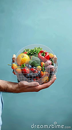 Food delivery vision Hand holds cart with fruits and vegetables Stock Photo