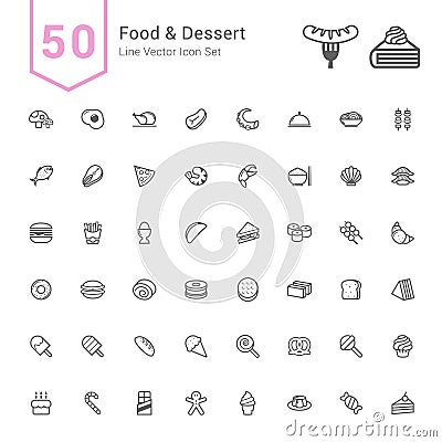 Food and Dessert Icon Set. 50 Line Vector Icons. Vector Illustration