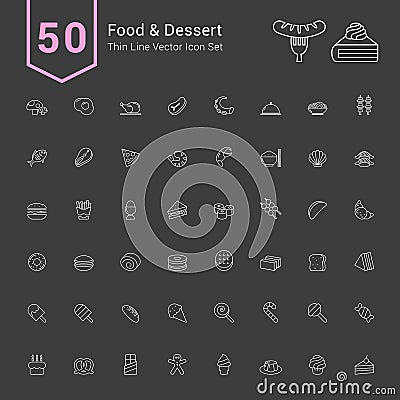 Food and Dessert Icon Set. 50 Thin Line Vector Icons. Vector Illustration