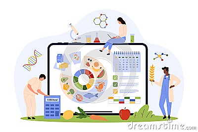 Food diary for weight loss, calorie calculator in online app, tiny people using planner Vector Illustration