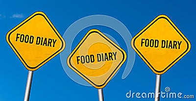 Food diary - yellow signs with blue sky Stock Photo