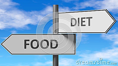 Food and diet as a choice - pictured as words Food, diet on road signs to show that when a person makes decision he can choose Cartoon Illustration