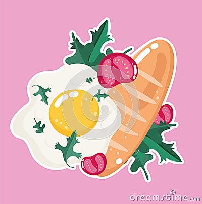 Food dinner in dish, menu fresh fried egg bread and tomatoes Vector Illustration