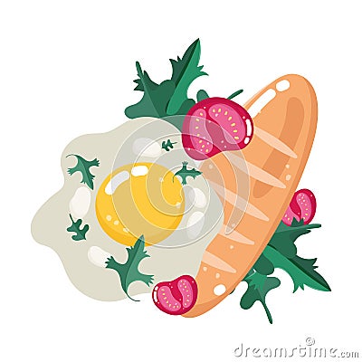 Food dinner menu fresh fried egg tomatoes and bread Vector Illustration