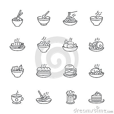 Food dishes icon set on white background, vector meal icons outline style Vector Illustration