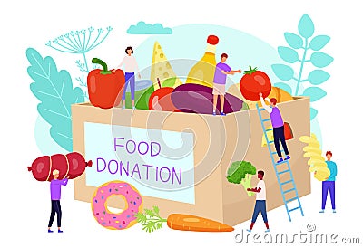 Food donate concept. Volunteers collect products. Charity box. Drive grocery. People give support to delivery service Vector Illustration