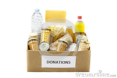 Food in a donation box Stock Photo