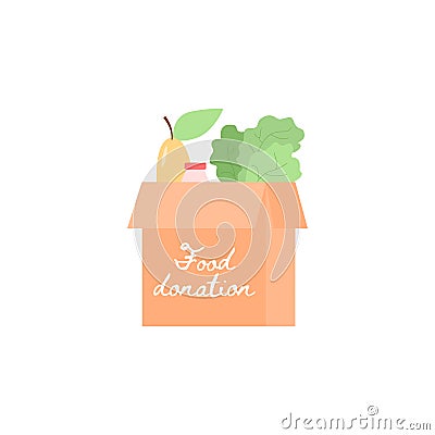 Food donation box full of groceries flat vector illustration isolated on white. Vector Illustration