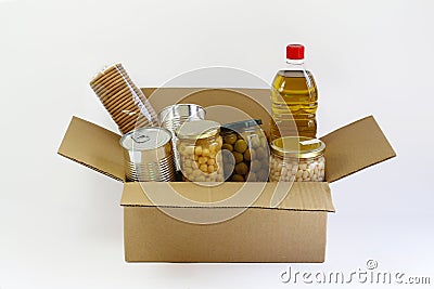 Food in a donation box Stock Photo