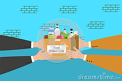 Food donation concept with two human hands. Man sharing food with a poor person, Brick background effect vector. Charity donation Vector Illustration