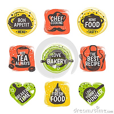 Food doodle logo. Restaurant kitchen badge, cafe cooking menu typography, bistro gastronomy recipe. Vector hand drawn Vector Illustration