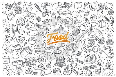 Food doodle set with lettering Vector Illustration