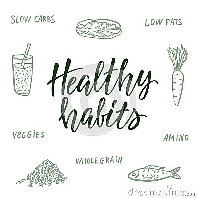 Healthy habits! Calligraphic quote and background about healthy eating. Vector Illustration